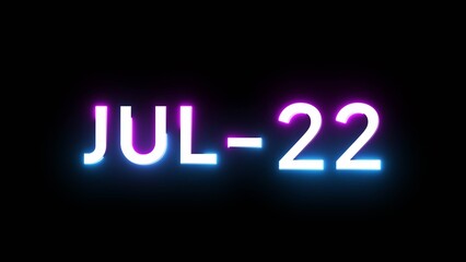 July 22 calendar date number illustration. Neon calendar number on black background.