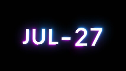 July 27 calendar date number illustration. Neon calendar number on black background.