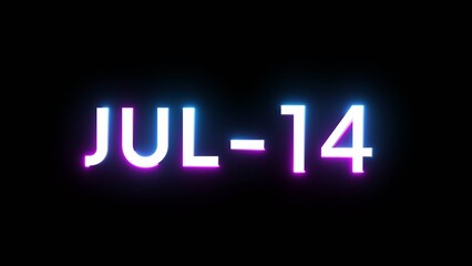 July 14 calendar date number illustration. Neon calendar number on black background.