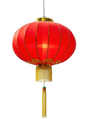 Obraz premium Vibrant red chinese lantern with gold trim isolated on transparent background