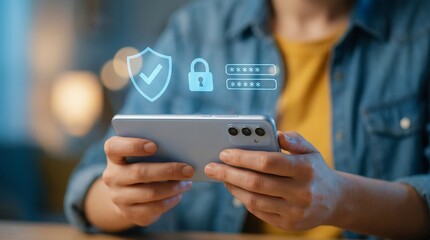 Business professional using smartphone with digital security shield and padlock icons for cyber protection and data privacy