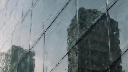Reflective glass wall, showing a damaged building
