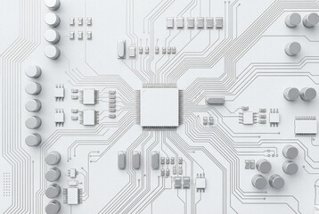 Minimalist white electronic circuit board with silver components, concept of clean technology and hardware engineering