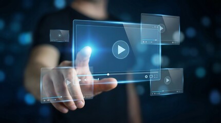 Business professional holding futuristic transparent video player interface with digital media icons and glowing blue light in dark tech environment