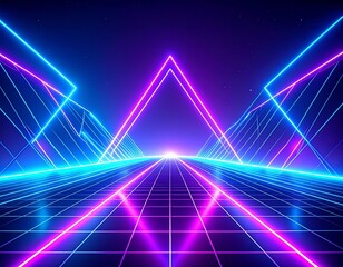 Vibrant glowing neon grid and abstract geometric light trails form an immersive retro-futuristic pathway, leading to a radiant digital horizon, ideal for tech designs