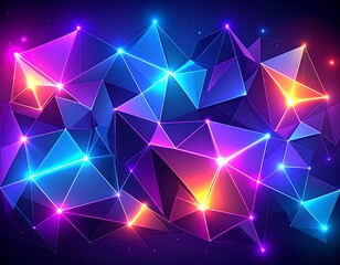 Vibrant abstract geometric background with glowing neon triangular patterns, representing interconnected data, futuristic technology, and a dynamic digital network design