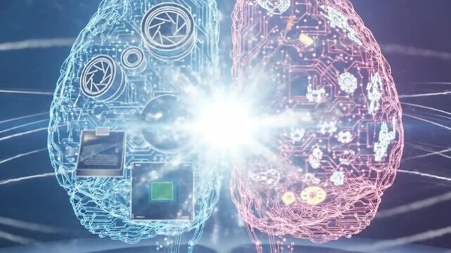 Artificial intelligence concept featuring two brain halves, one with camera parts and gears.