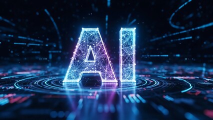 A futuristic neon-lit AI logo glows brightly in a dark technological background with vibrant purple and blue lights.