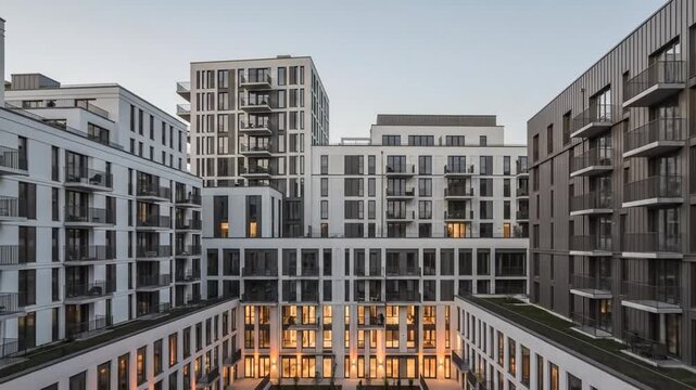 Modern residential complex featuring contemporary architecture and symmetrical design, creating a harmonious urban living space.