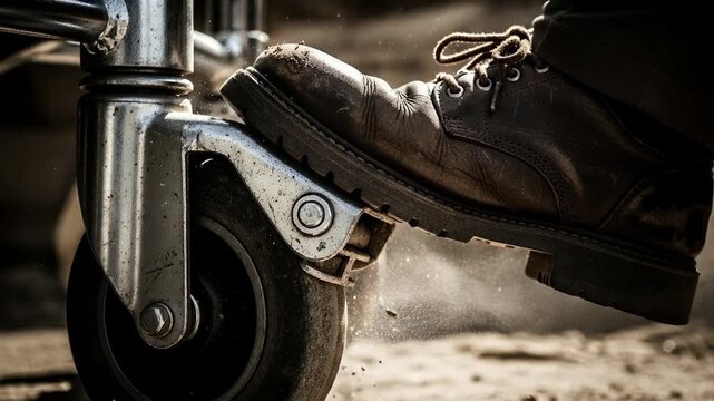 Work Boot Engages Brake on Heavy Duty Caster Wheel Industrial Setting