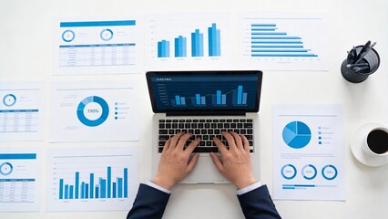 Person working on laptop with business charts