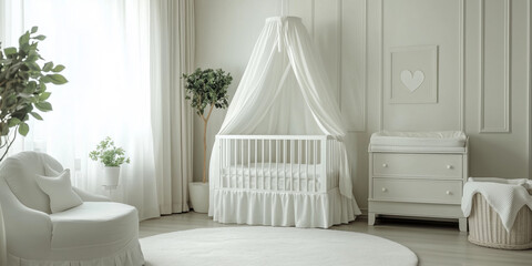 Baby room interior with white wooden crib stylish furniture, cute modern design