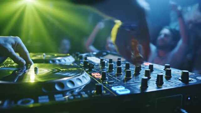 Club DJ mixing vinyl with crowd dancing.