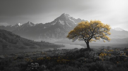 Lone tree in mountain valley