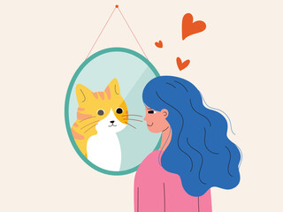 A woman smiles at a cat in a mirror, surrounded by floating hearts. Minimalist illustration symbolizing deep emotional bond between humans and pets
