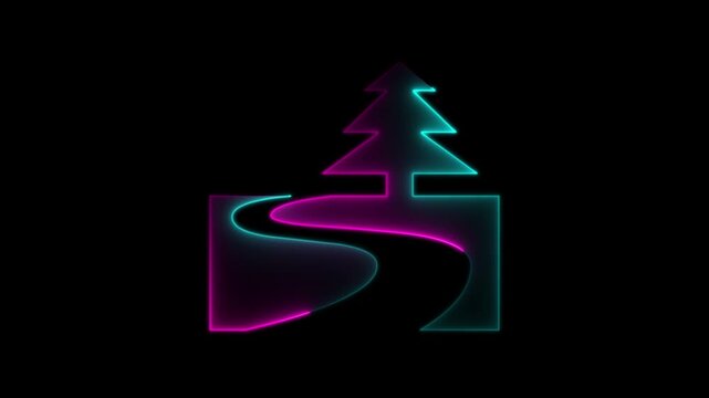 Neon Outline of a Winding Path Leading to a Pine Tree on a Black Background road