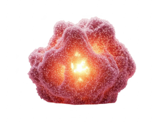 Glowing lumpy pinkish red microorganism with bright center, isolated on transparent background