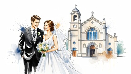 Watercolor Wedding Couple Portrait Church Backdrop Romantic Marriage Illustration for Invitations & Save the Dates