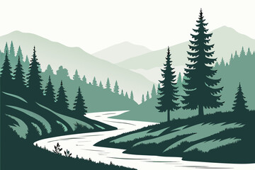Fototapeta premium Minimal Forest River Silhouette Vector