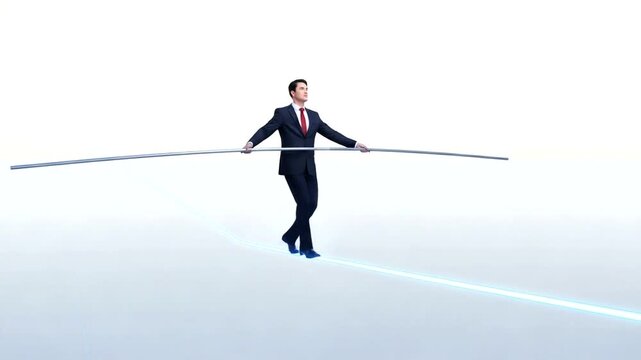 Businessman Balancing on Tightrope in White Space.