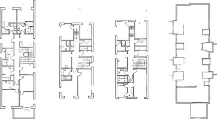 Comprehensive architectural vector featuring four diverse residential floor plan layouts, including detailed apartment units and building site footprints.