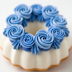 A delicately frosted bundt cake showcases vibrant blue frosting roses artfully arranged in a