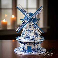Exquisite Delftware-inspired windmill cake, meticulously decorated with intricate blue floral