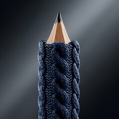 A sharply pointed wooden pencil is elegantly swaddled in a deep navy cable-knit sweater texture,