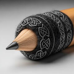 A finely sharpened graphite pencil tip emerges from a textured grip adorned with intricate Celtic