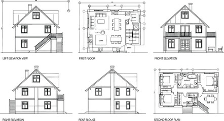 Fototapeta premium Comprehensive architectural vector set featuring elevations and floor plans for a traditional two-story residential house with a gabled roof.