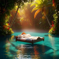 A surreal dreamscape features a wooden bed with white linens floating serenely on pristine