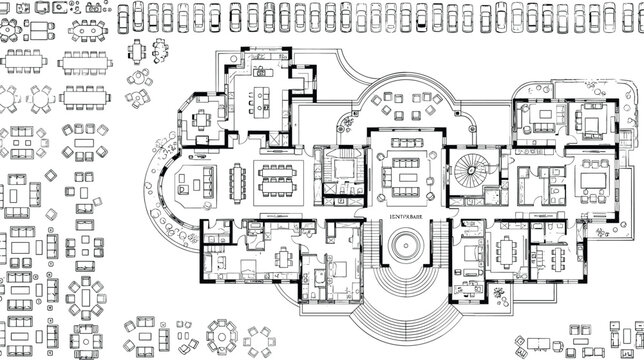 Detailed architectural floor plan of a luxury villa with an extensive library of furniture blocks and vehicle symbols.