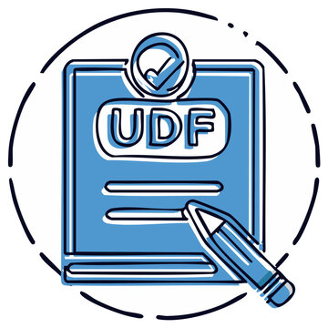 Concept of UDF on document with pen, verification, blue and black design.