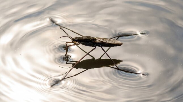 Close-up of a water strider insect gracefully gliding on the surface of calm water.