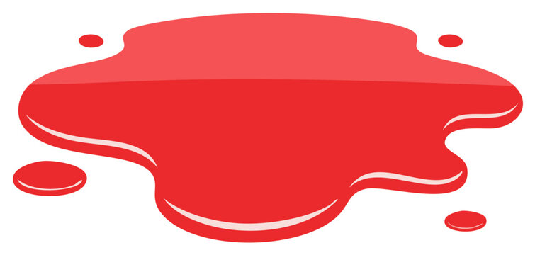 Bright red spilled liquid forming an irregular puddle with small drops around