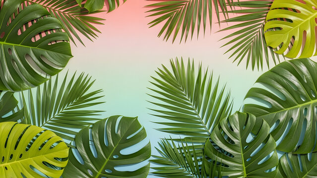 Composition of various exotic foliage arranged as border with pastel gradient soft lighting effect