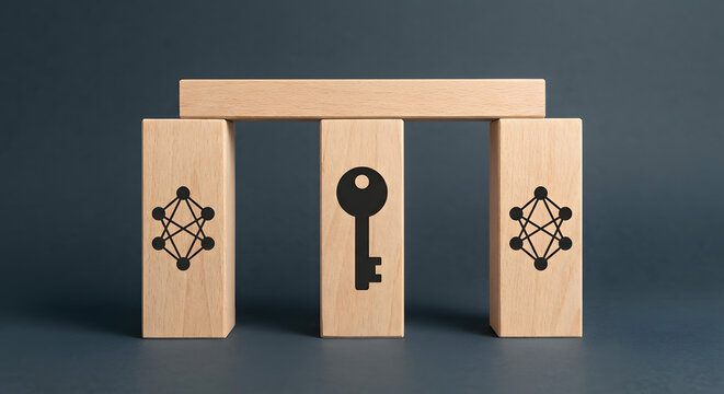 wooden blocks with key and network node icons representing cybersecurity encryption access management data protection and fundamental digital infrastructure for secure business - Powered by Adobe