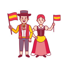 Traditional spanish couple in folk costumes holding a spanish flag celebrating national heritage and cultural diversity
