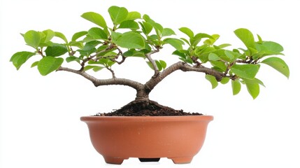 Obraz premium small bonsai tree in a terracotta pot, showcasing vibrant green leaves and intricate branches, symbolizes tranquility and nature.