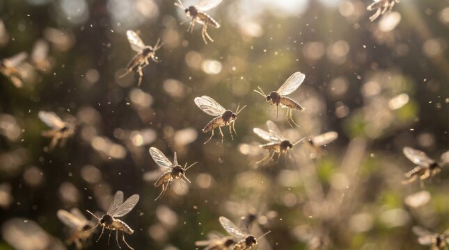 A Swarm of Small Flying Insects in Soft Sunlight.