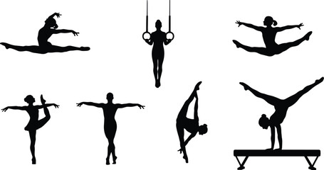 gymnast silhouette collection, female gymnast poses, athletic gymnastics actions, dance and balance routines, sports performance vector illustration set