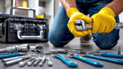 Fototapeta premium Professional Plumber Repairing Sink Drain with Tools