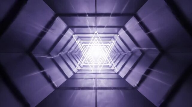Abstract purple tunnel with glowing triangular frames, creating a futuristic and modern design.