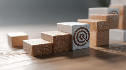 Wooden blocks arranged in a staircase formation, with a target symbol on the central block, illustrating the concept of goals and progress.