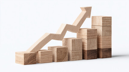 A wooden bar chart and ascending arrow representing business growth and success