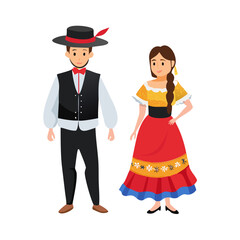 Isolated Spanish man and woman wearing traditional folk costumes for cultural or festival themes vector illustration
