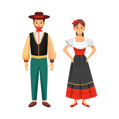 Isolated Spanish man and woman wearing traditional folk costumes for cultural or festival themes vector illustration
