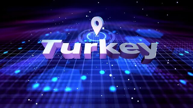 Turkey Location Text Animation on Futuristic Digital Grid Background location, pin, marker, map, country, text Turkey GPS Navigation and Smart Technology Map Turkey Map with Geolocation Marker