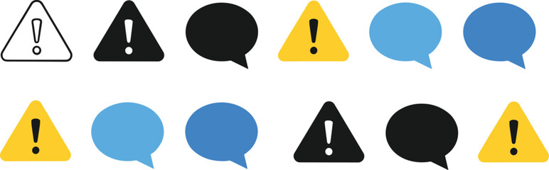 Modern warning triangle and speech bubble icon set for app notifications, alerts, chat messages and user interface design
