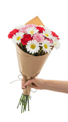 Hand holding bouquet of flowers isolated on transparent background